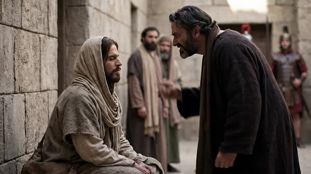 Biblical Scene of Calm Jesus Christ Sitting and Listening to Angry Accuser Shouting during Unfair Trial in Ancient Jerusalem Stone Courtyard with Roman Soldier Background Depicting Passion History
