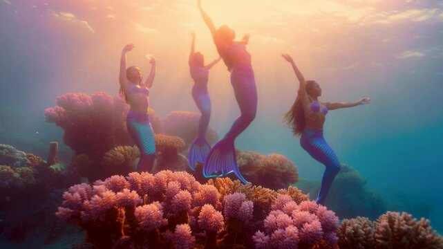 mystical fantasy mermaids swimming gracefully in a deep blue ocean with glowing jellyfish and vibrant coral reefs in a serene underwater world scene