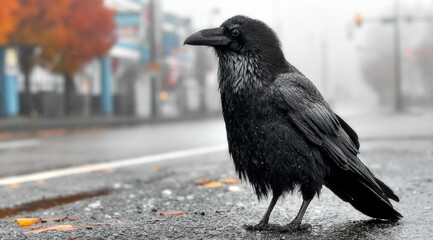 Obraz premium Silent black raven standing on wet pavement during foggy morning with falling leaves