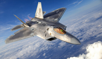 Silent missiledefying jet with glowing afterburner crossing expansive blue sky and distant views