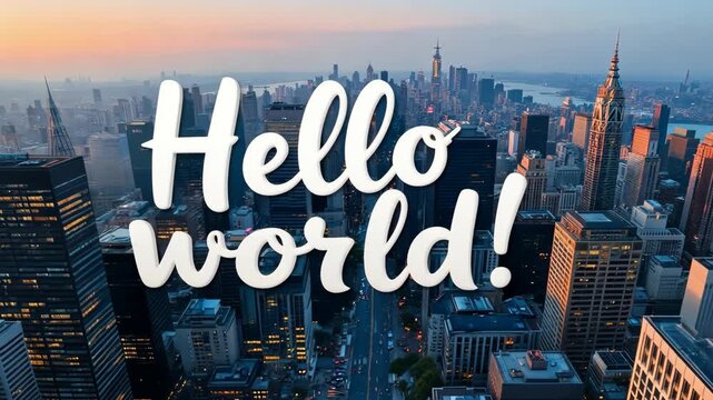 Hello world animated text over skyline at dusk. Aerial view of a modern metropolis. Programming and technology introduction concept