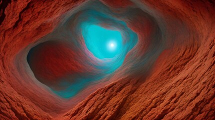 Obraz premium Cave tunnel with bright blue light at the end and rough textured walls.