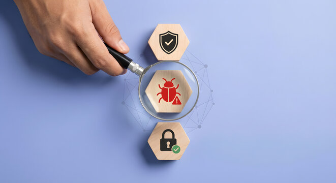 cybersecurity audit and bug detection concept with magnifying glass over wooden hexagon blocks showing virus threat alert and security protection symbols on blue background for digital safety - Powered by Adobe