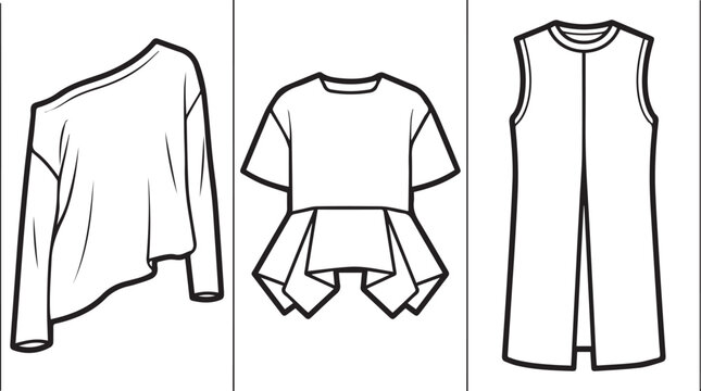 Draped one shoulder top, peplum t-shirt, and sleeveless tunic vector