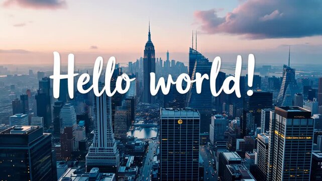 "Hello world!" animated text over a cityscape. Aerial view of skyline at sunset. Introduction and programming concept