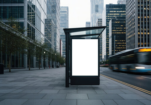 Blank glowing bus stop billboard at a modern city square during daytime. Urban advertising mockup with skyscraper background and motion blur bus.