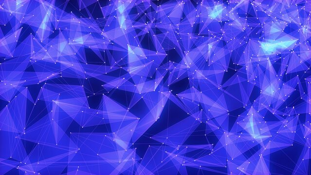 Abstract background of shiny blue and purple glass triangles with lines and dots hi-tech digital triangulation