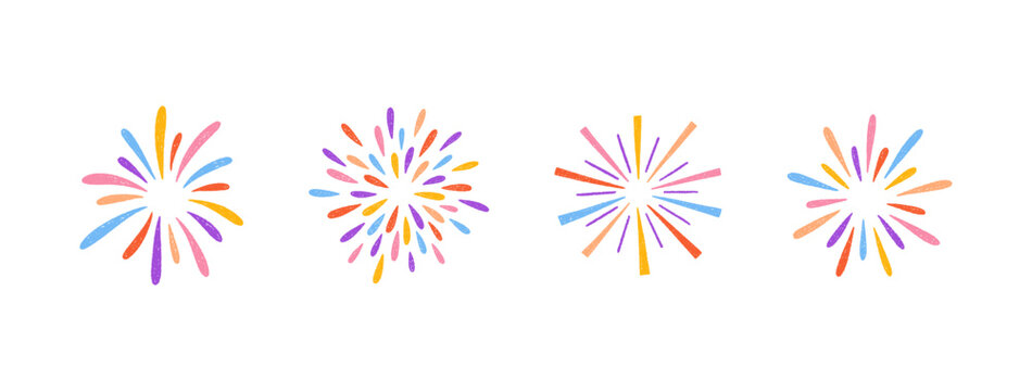 Crayon colorful fireworks set. Hand drawn sketches of whimsical sparkles, firecracker, confetti, magical bursts. Childish chalk or pencil drawings for birthday, party, carnival. Vector illustration