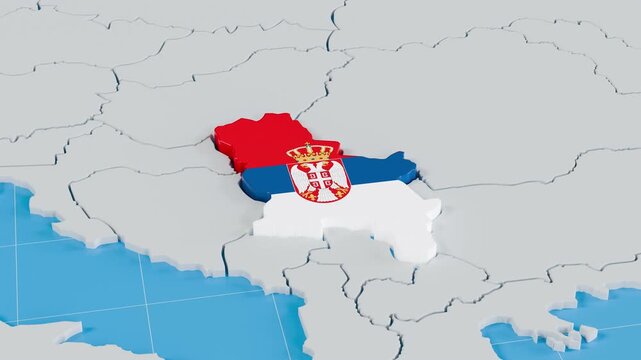 3D animation of Serbia highlighted on Europe map with flag colors.	