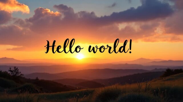 Inspirational 'Hello world!' message on a vibrant sunset background. Golden sun over silhouetted mountains. New beginnings concept