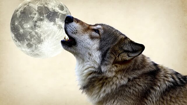 A gray wolf in profile howling instinctively at a luminous full moon in a soft beige backlit night scene