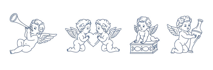 Obraz premium Hand drawn romantic cupid cherub doodles with pizza and champagne for valentines day 