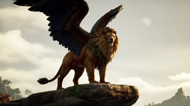 A mighty bird of prey spreads its wings atop a sunlit rocky outcrop overlooking a rugged coastal horizon during golden hour