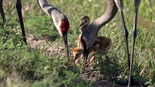 Sandhill cranes feeding their babies 