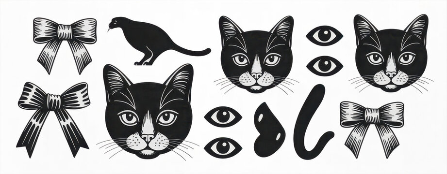 Woman eyes, bows, flowers, cat photocopy dada vintage collage set. Ribbon, domestic animal head, eyes halftone dadaism effect. Dotted stippling grunge elements. Vector y2k gritty retro shape isolated.