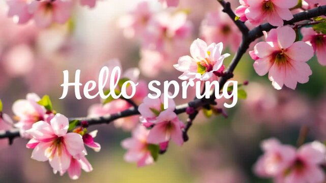 Hello spring text overlay on pink cherry blossom branches. Seasonal greeting with white script typography on a floral background. Nature concept of blooming sakura flowers in a garden