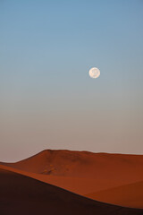 Vertical shot of a full moon setting over the ochre sand dunes at sunrise in the vast Namib Desert, Namibia