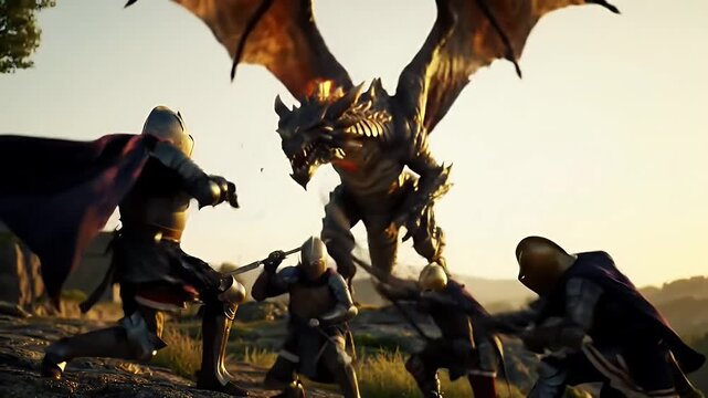 A squad of armored knights confronts a menacing winged dragon descending from the sky during a chaotic medieval battle