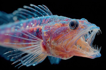 Fototapeta premium A fantastical image of a predatory deep-sea fish with a translucent body and glowing internal structures. 