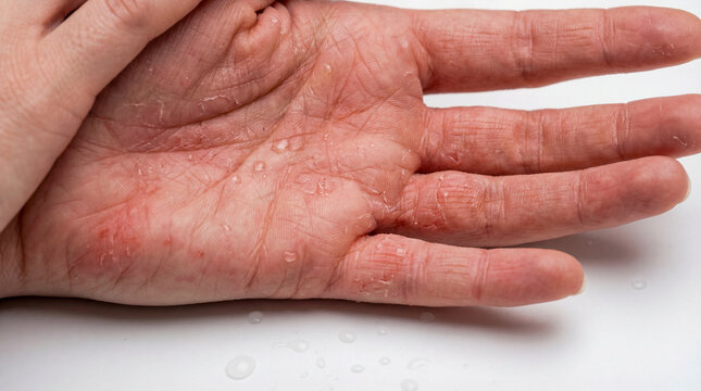 Close up of peeling skin and blisters on human palm