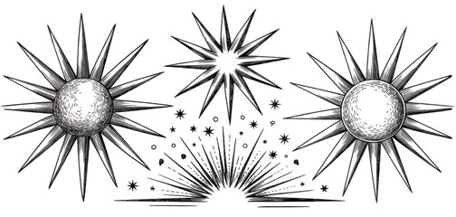 Obraz premium Vintage starburst illustration set with three unique designs for retro decor and crafting 