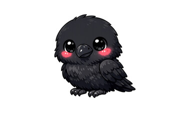Obraz premium Black chibi raven blushing with big cute eyes on transparent background, adorable cartoon animal character illustration