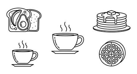 Simple line-art illustrations of breakfast foods & beverages toast, coffee, pancakes, & waffles