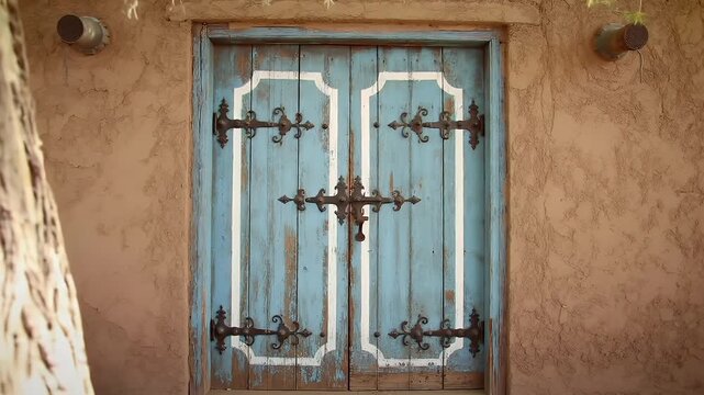 Ancient textured adobe wall framing a vibrant weathered blue door beside a gnarled tree