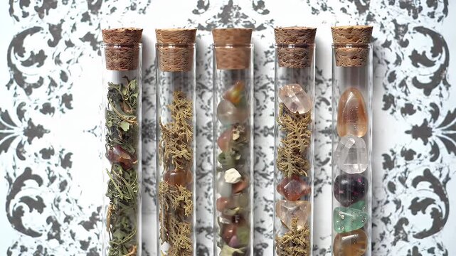 Assorted glass apothecary vials filled with dried herbs and seeds against a damask backdrop