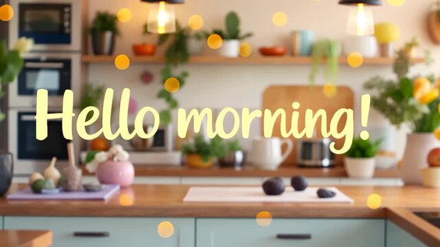 Hello morning text overlay on blurred kitchen background. Animated yellow bokeh lights in a cozy home interior. Breakfast and lifestyle concept