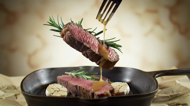 Close-up of a juicy steak being basted with oil and herb garnish in a sizzling cast-iron skillet