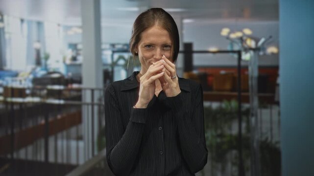 Woman steepling hands near mouth in restaurant building interior wearing black blouse and rings; playful mischief.