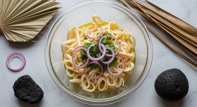 Gourmet Shaved Heart of Palm Salad with Lime Dressing and Red Onion on White Marble Surface