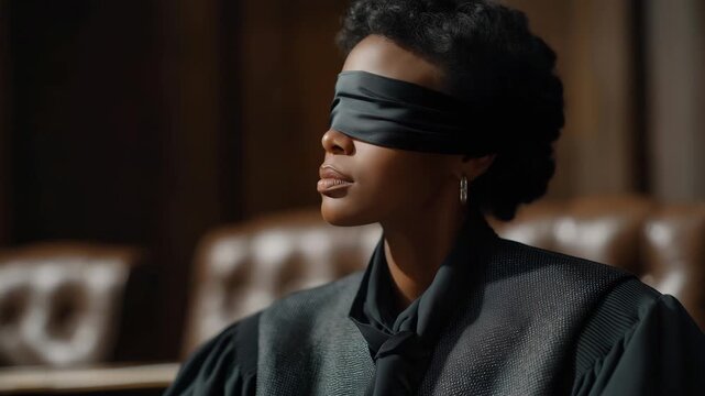 An abstract courtroom concept features blindfolded justice, highlighting transparency, trust, and ethical standards in legal proceedings. cinematic color correction, natural uneven lighting yet