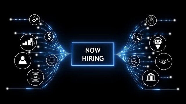 Now hiring and recruitment focus. Talent acquisition, human resources, workforce planning, and career growth priority. Digital hiring system with candidate screening, skills matching