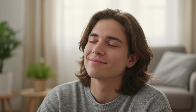 Young man meditating peacefully in a serene living room environment with a calm facial expression and closed eyes