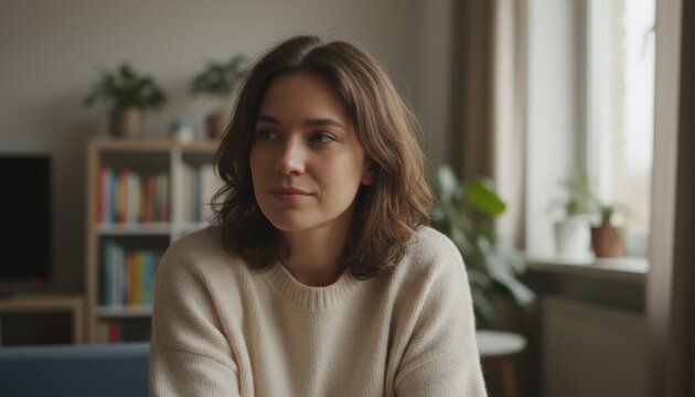 A young woman with a concerned expression sits indoors near a window surrounded by plants and bookshelves in a calm living room