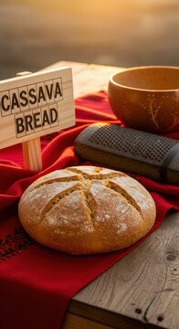Traditional Rustic Cassava Bread on Raw Wood with Madras Cloth and Kalinago Stone Grater