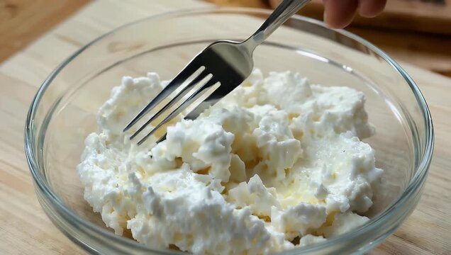 Cinematic 4K footage of cottage cheese glass bowl with fork horizontally framed showing creamy texture freshness close up detail culinary 