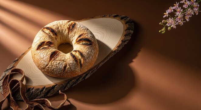 Rustic Round Cassava Bread with Charred Edges on Raw Wood with Earthy Negative Space