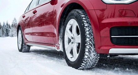 A low angle close-up shot of a red car wheel equipped with winter tires standing on packed snow