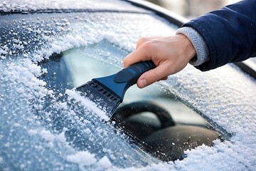 Man Hand Cleaning Snow and Ice from Car Window with Blue Scraper