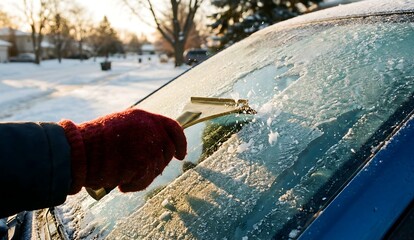 Hand in Red Glove Scraping Ice from Car Windshield on Sunny Winter Morning