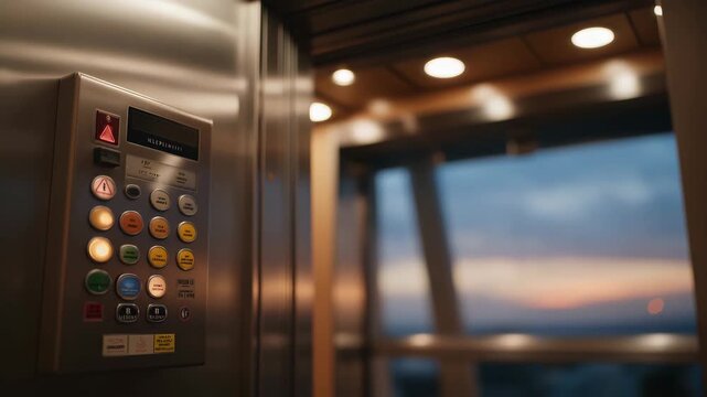 Elevator interior showing a malfunctioning control panel, damaged buttons and irregular lights emphasizing mechanical failure, safety risk, and maintenance neglect. cinematic color correction,