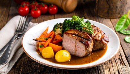 Culinary still life of a plated meal with pork loin, vegetables, and sauce