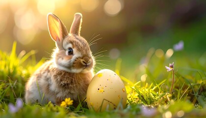 A fluffy bunny sits next to an egg in bright sunlight in the grass during springtime