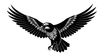 Obraz premium A stylized black raven with ornate feather details, wings outstretched, depicted in flight