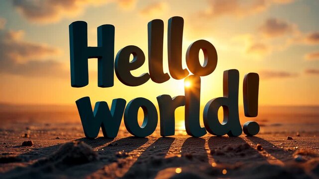 Hello world 3D text on a sandy beach at sunset. Iconic programming phrase representing a new beginning. Technology and coding concept