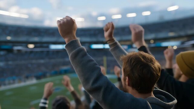 Fans leap to their feet as the scoreboard confirms a winning result, sparked by a crucial touchdown that shifts momentum and seals the game. cinematic color correction, natural uneven lighting yet