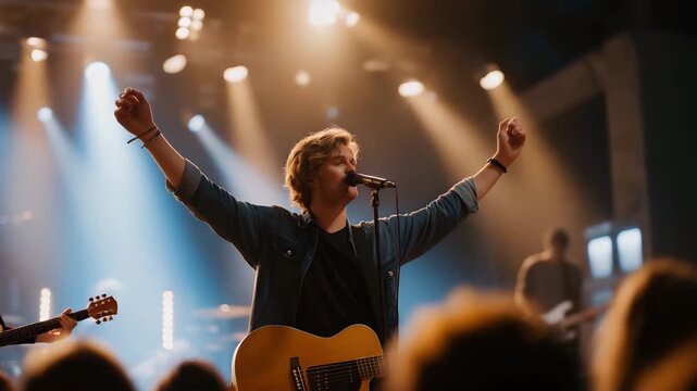 High energy live event features a crowd at rock concert reacting to guitar riffs and drums, emphasizing entertainment, nightlife, and powerful sound experience. cinematic color correction, natural